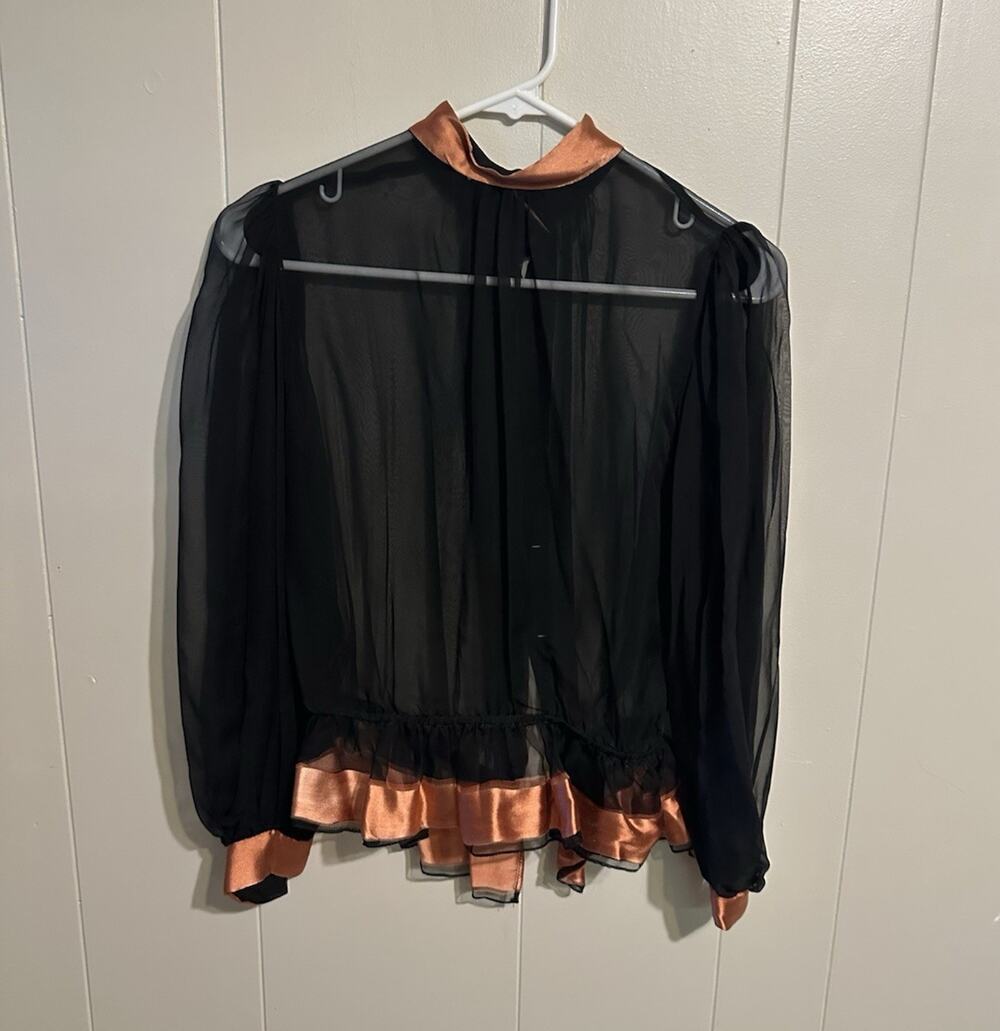Women’s Vintage Sheer Black Blouse Copper Ruffle Trim Collared Button Up